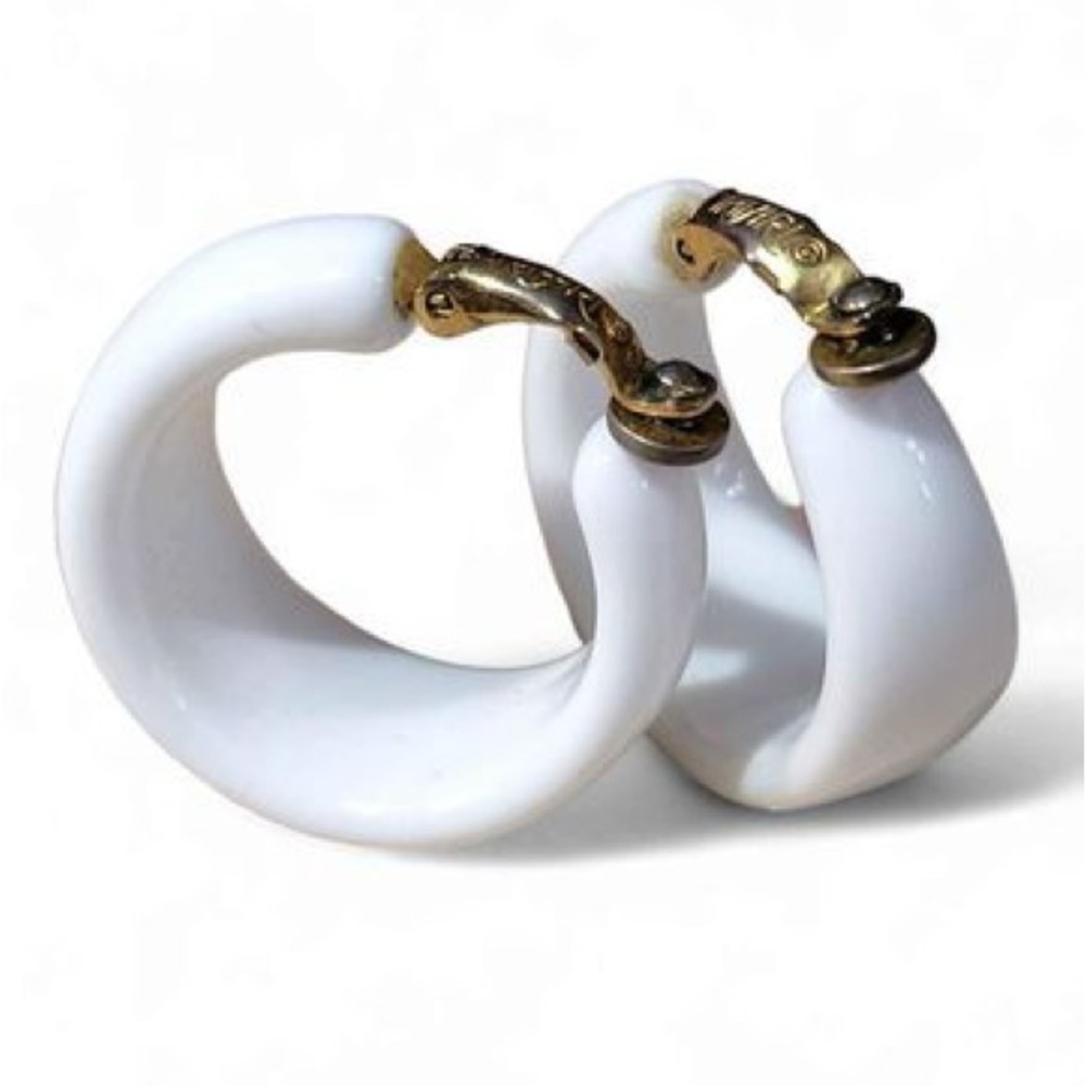 Vintage Trifari Signed White Lucite Gold Tone Clip Style Closure Hoop Earrings